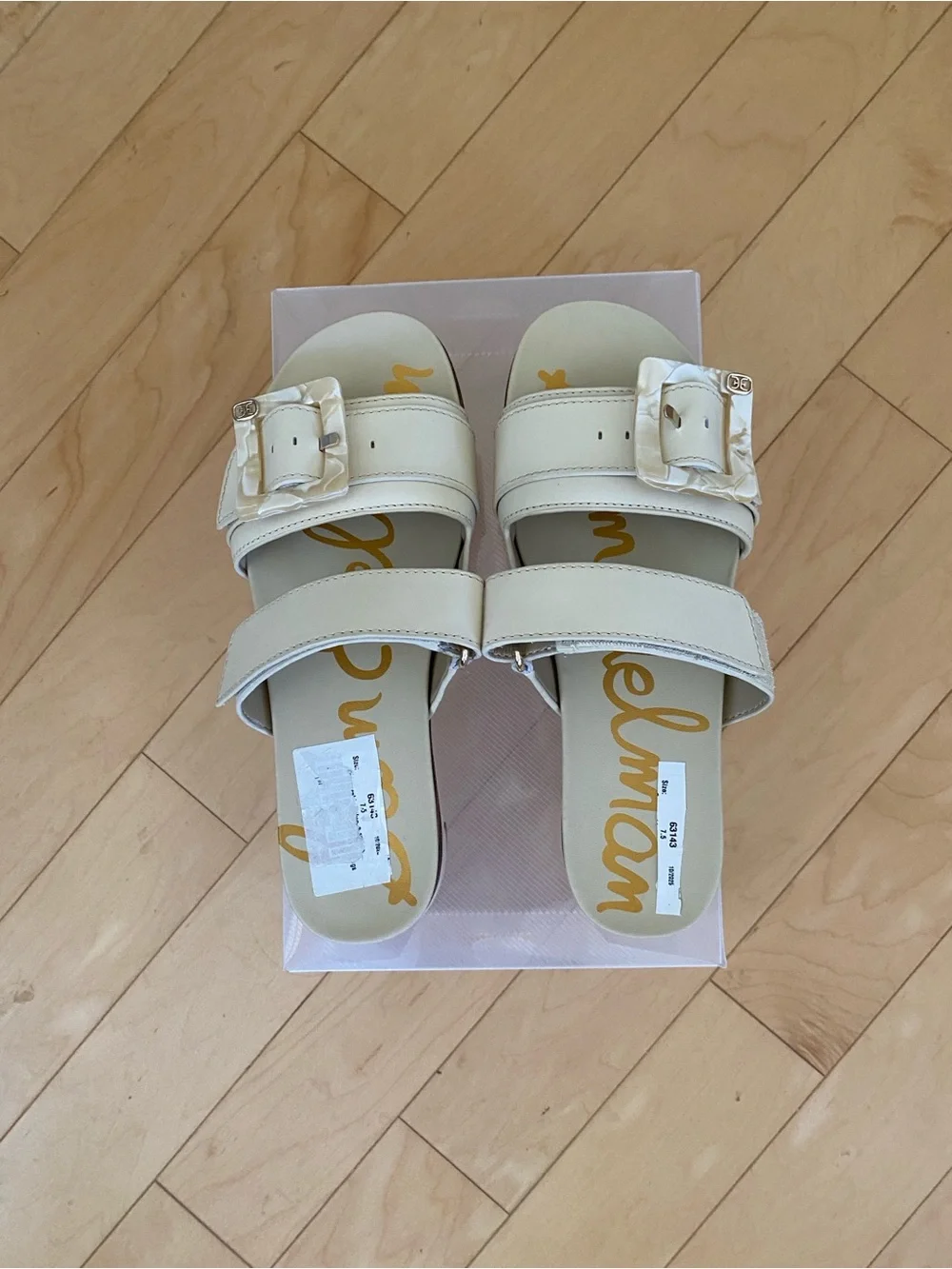 Sam Edelman Leather Adrianna Two Strap Ivory Buckle Slide Sandals